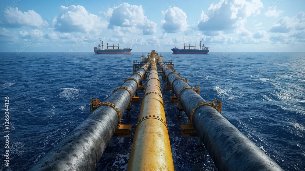 Aerial View of Oil and Gas Pipeline System Connecting Offshore Rigs to Large Ships in Serene Ocean Environment Under Bright Blue Sky Aerial View of Oil and Gas Pipeline System Connecting Offshore Rigs to Large Ships in Serene Ocean Environment Under Bright Blue Sky