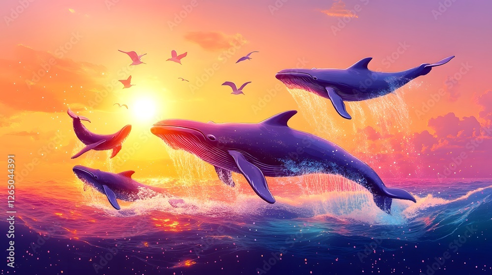 Obraz premium Under the rising sun, whales spray water to form a rainbow on the sea surface