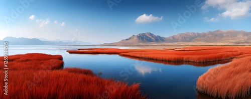 A panoramic view of Panjin Red Beach, with the crimson reeds reflecting in the calm waters, surrounded by the wetlands and distant mountains photo