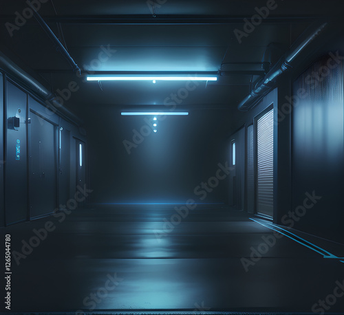 Empty background scene. Dark street, reflection of blue and pink neon light on wet asphalt. Neon shapes. Rays of light in the dark, smoke. Abstract dark background.generative ai