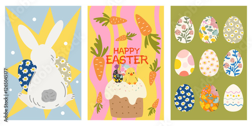Set of Easter posters in cartoon retro style. Bright cartoon banners for Spring holiday. Easter cake with glaze and sprinkles, white rabbits, chicken, easter eggs. Playful seasonal vector postcards