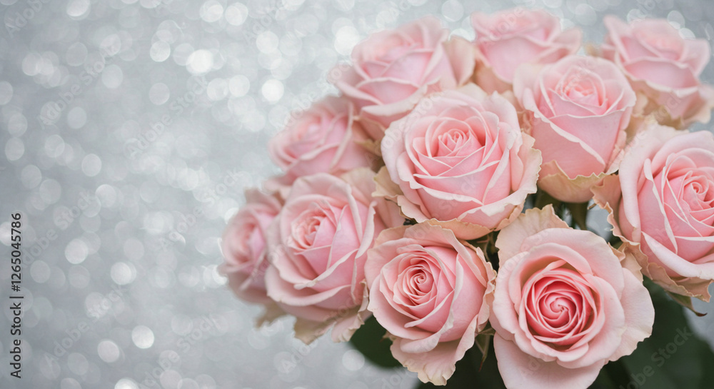 Sparkling background highlights a close-up bouquet of soft pastel pink roses, creating a celebratory mood Sparkling background highlights a close-up bouquet of soft pastel pink roses, creating a celebratory mood