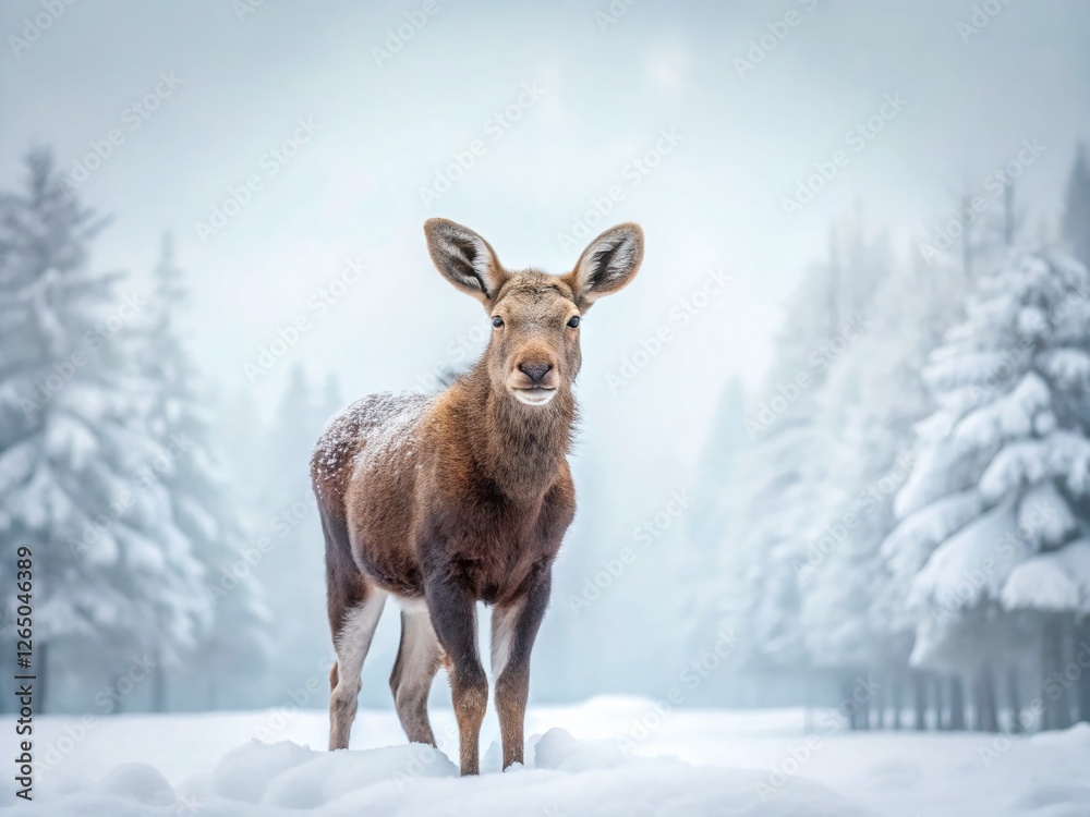 Minimalist Winter Wonderland: Lone Snow-Covered Moose Calf Minimalist Winter Wonderland: Lone Snow-Covered Moose Calf