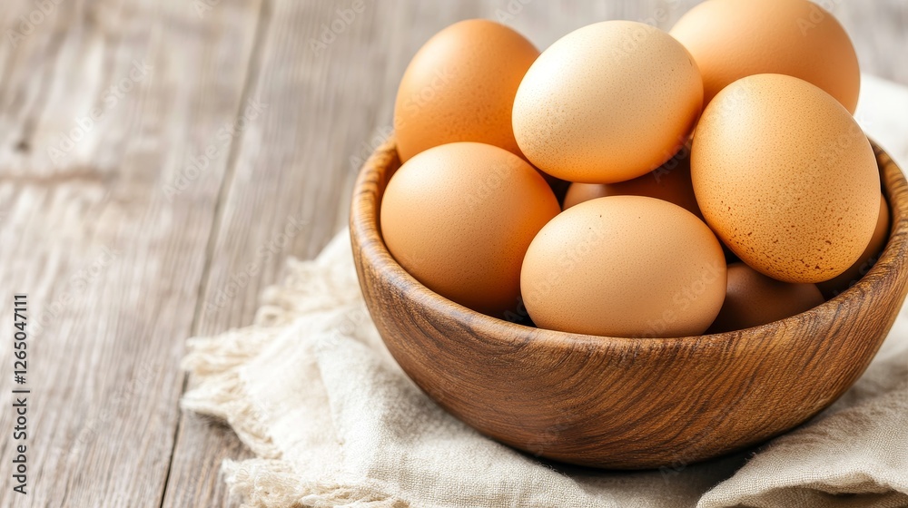 Fresh brown eggs arranged in a rustic wooden bowl on a textured cloth background Fresh brown eggs arranged in a rustic wooden bowl on a textured cloth background
