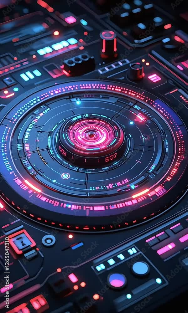 Colorful display of electronic controls and lights in a modern technology setting at night Colorful display of electronic controls and lights in a modern technology setting at night
