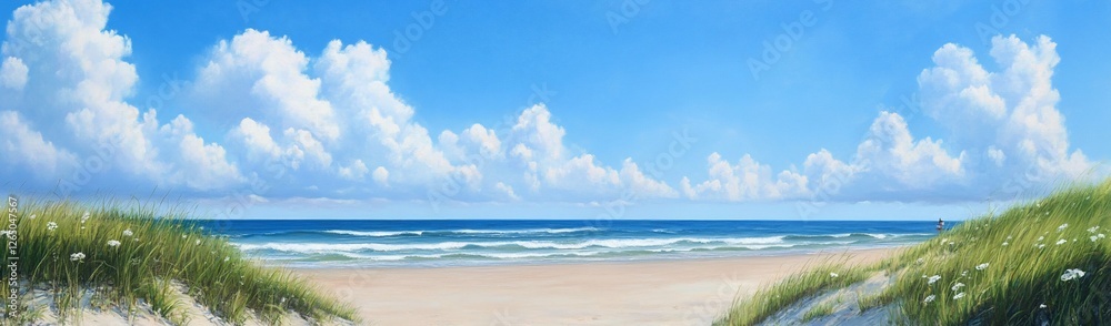 Serene Beach Scene with Grassy Dunes and Blue Sky for relaxation visuals Serene Beach Scene with Grassy Dunes and Blue Sky for relaxation visuals