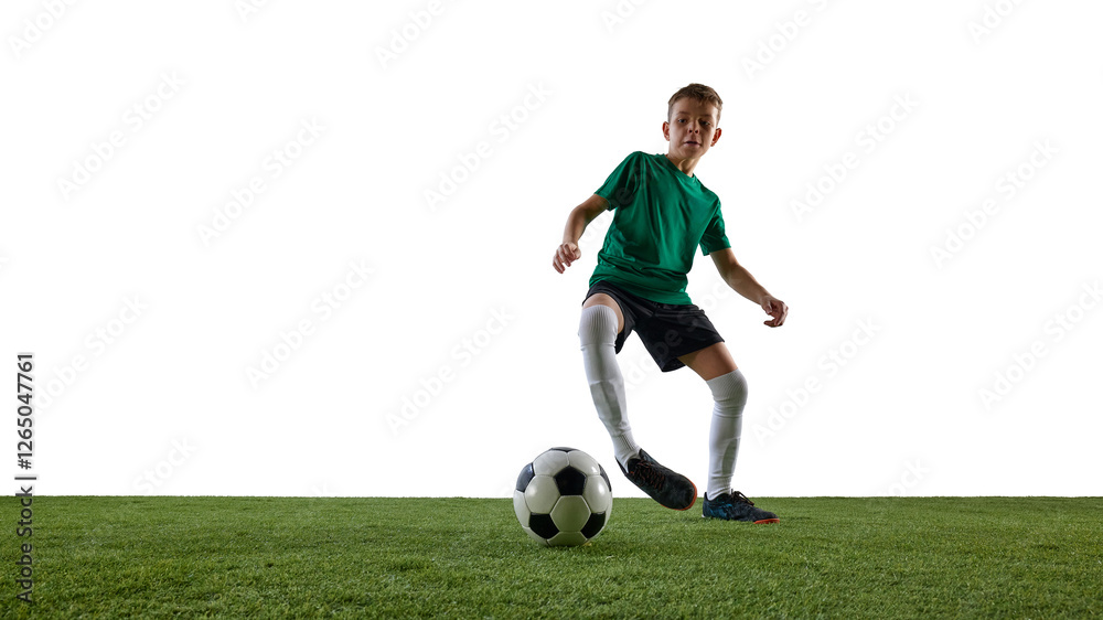 Dynamic image of focused boy, soccer player in green jersey and black short in motion, dribbling ball against white studio background. Concept of sport, education, competition, game Dynamic image of focused boy, soccer player in green jersey and black short in motion, dribbling ball against white studio background. Concept of sport, education, competition, game
