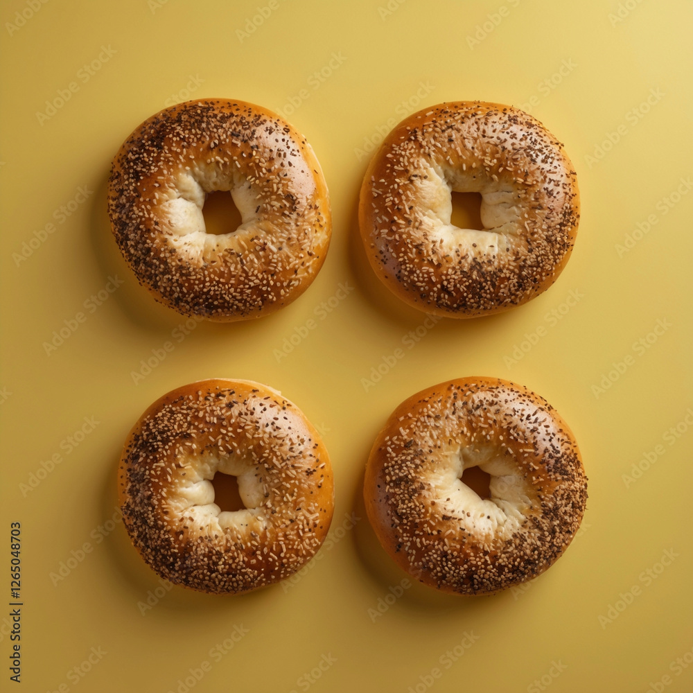 Plain bagels, top view, isolated on yellow background