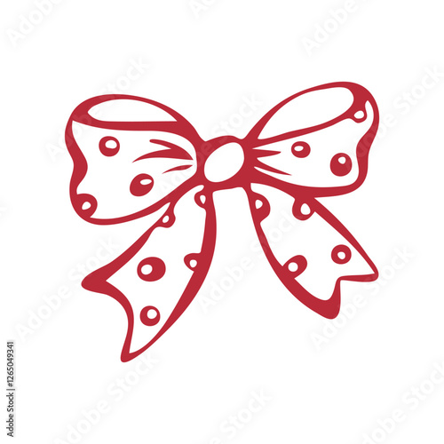 Red polka dot bow. Isolated vector EPS object. Line art hand-drawn illustration. Bouffant hair accessory. Coquette core. Decorative element for romantic invitations, greeting, wedding. Outline sketch.