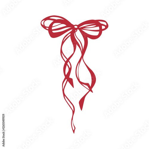 Red double bow. Isolated vector EPS object Line art hand-drawn illustration. Thin ribbon accessory. Coquette core. Decorative element for romantic invitation, greeting, wedding design. Graphic sketch.