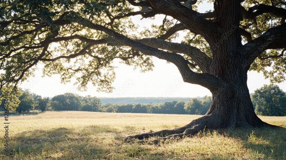 A grand oak tree stretches over a sunlit meadow, evoking strength, stability, and the passage of seasons. A grand oak tree stretches over a sunlit meadow, evoking strength, stability, and the passage of seasons.