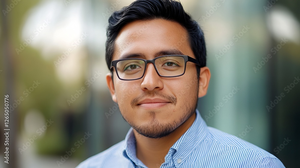 Fototapeta premium Professional Hispanic Individual Smiling with Glasses in Modern Environment - Copyspace