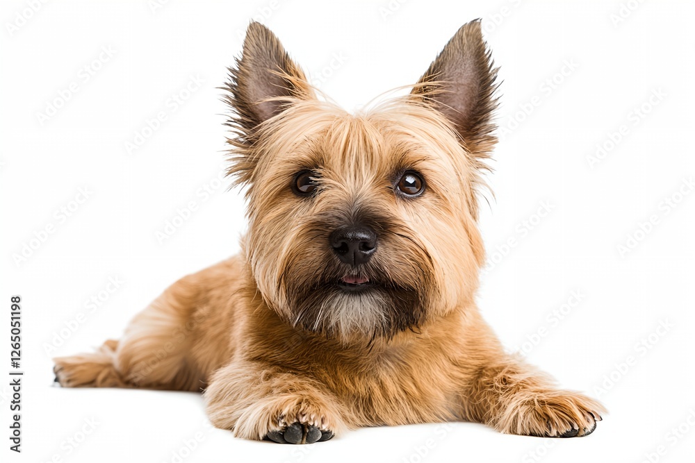 Small dog with a brown coat lays on a white background Small dog with a brown coat lays on a white background