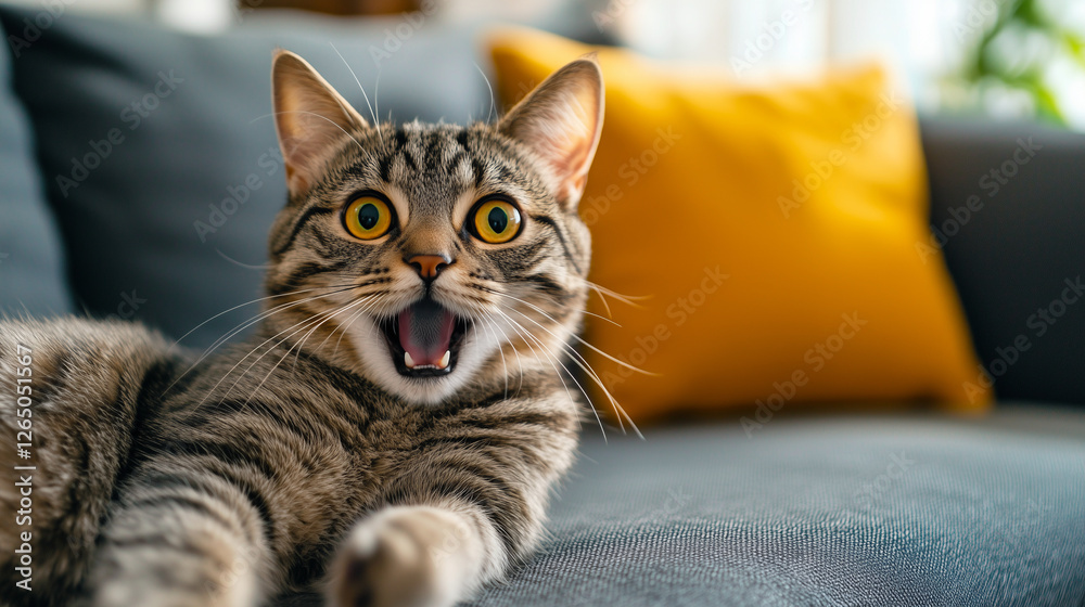 Surprised tabby cat on a cozy grey couch with yellow pillows looking shocked, perfect for pet blogs, social media posts, and humorous advertising Surprised tabby cat on a cozy grey couch with yellow pillows looking shocked, perfect for pet blogs, social media posts, and humorous advertising