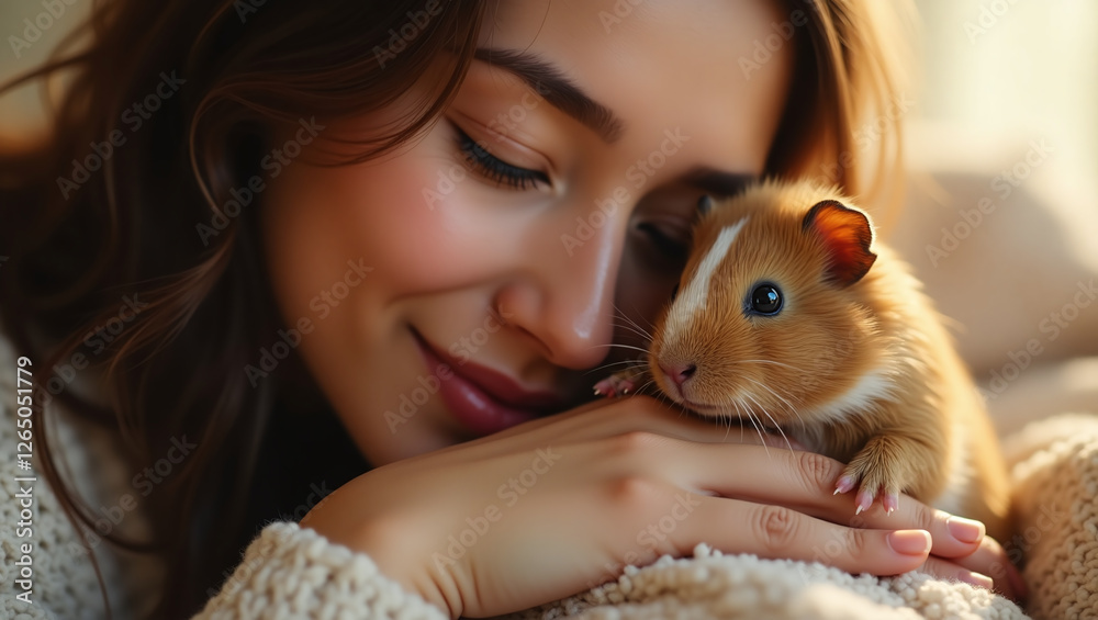 Cuddling with Guinea Pig Pet, Young Women Owner Cradling Gently, Affectionate Bond Cuddling with Guinea Pig Pet, Young Women Owner Cradling Gently, Affectionate Bond