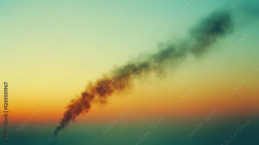 Naklejka premium A sleek plume of dark smoke contrasts against a gradient sunset sky, embodying mystery and transition at twilight.