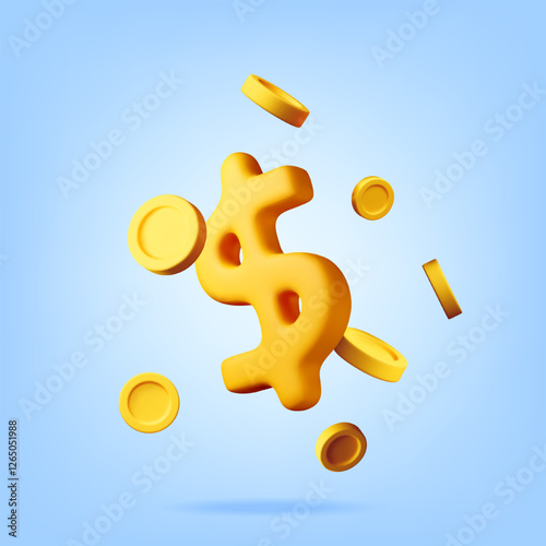 3d falling gold coins and dollar sign, money rain. Render golden coins. Rotating empty golden money sign. Growth, income, savings, investment, wealth. Business success. Vector illustration