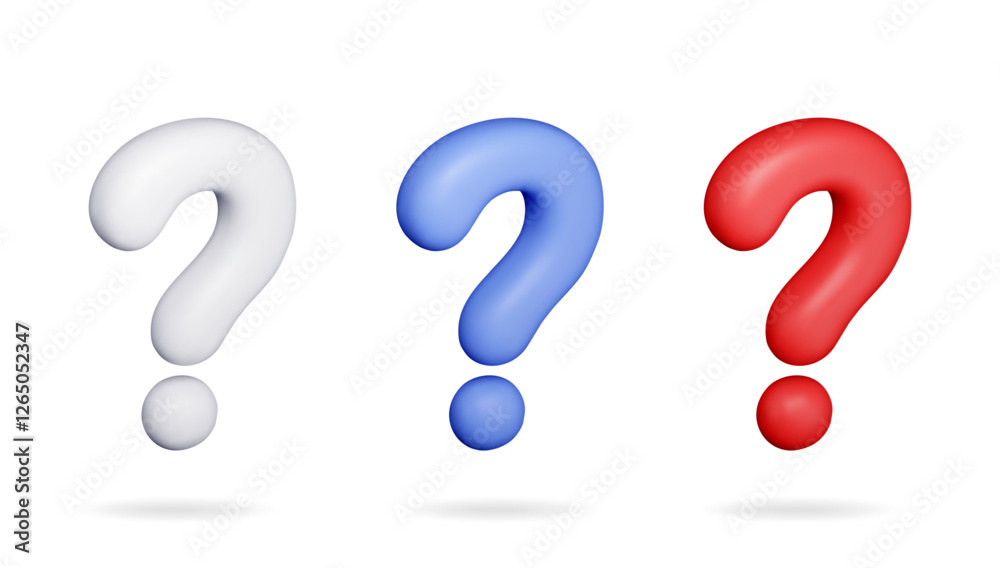 3D question mark isolated on white. Render question symbol. Thin realistic icon. Concept of FAQ, support and help. Problem, survey, information. Vector illustration 3D question mark isolated on white. Render question symbol. Thin realistic icon. Concept of FAQ, support and help. Problem, survey, information. Vector illustration