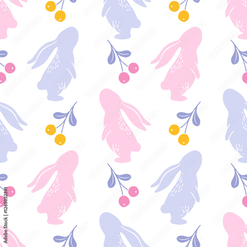 Fototapeta premium Easter&nbsp;seamless pattern with cute bunny and berries. Cute trendy design&nbsp;for&nbsp;textile, wallpaper, invitation, print