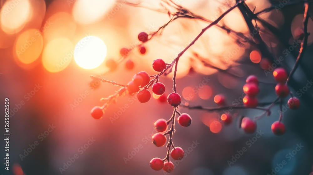 Sunlit branches adorned with red berries bask in the golden glow of sunset, encapsulating a vibrant celebration of nature’s beauty. Sunlit branches adorned with red berries bask in the golden glow of sunset, encapsulating a vibrant celebration of nature’s beauty.