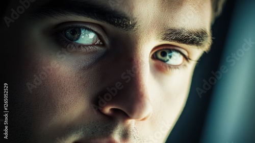 A striking close-up of a green-eyed individual's intense gaze, framed by moody shadows and soft lighting, evokes depth and mystery. photo