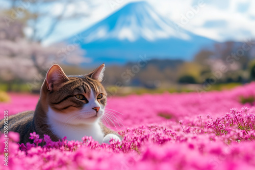 Cat lying in a field of pink moss phlox (shibazakura) with Mount Fuji towering in the background; camera at flower level photo