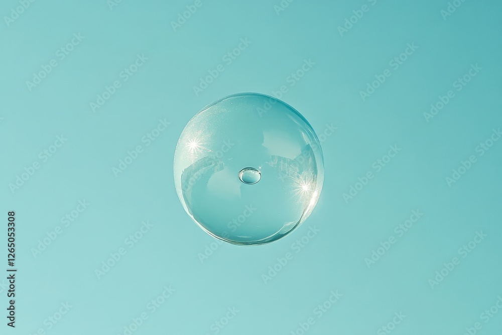 Crystal Clear Soap Bubble Floating in Air Against a Soft Aqua Background Crystal Clear Soap Bubble Floating in Air Against a Soft Aqua Background