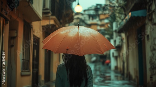 Wallpaper Mural A lone figure under an orange umbrella walks through a rain-drenched alley, creating a tranquil yet mysterious atmosphere. Torontodigital.ca