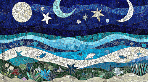 Coastal mosaic artwork, night ocean scene, beach, stars, website banner