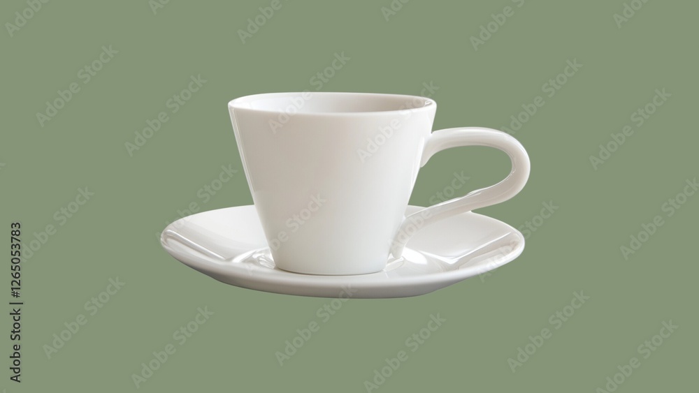 Blank white ceramic coffee cup with saucer, customizable mockup for branding and logo design on soft green background. Blank white ceramic coffee cup with saucer, customizable mockup for branding and logo design on soft green background.