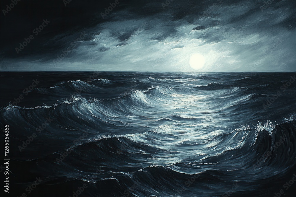 Fototapeta premium Dark Ocean Waves Under Moonlight with Dramatic Sky and Reflective Water Surface at Night