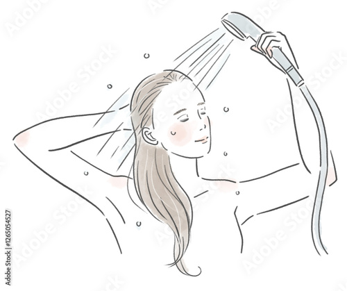 シャワーを浴びている綺麗な女性の上半身のイラスト