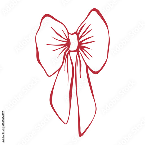 Red bow. Isolated vector EPS object. Line art hand-drawn illustration. Bouffant hair accessory. Coquette core. Decorative element for romantic invitations, greeting, wedding design. Outline sketch.