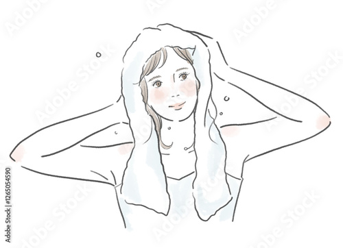 風呂上りに髪をタオルドライする綺麗な女性のイラスト
