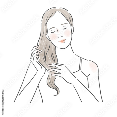 微笑みながらヘアケアをする髪の長い綺麗な女性のイラスト