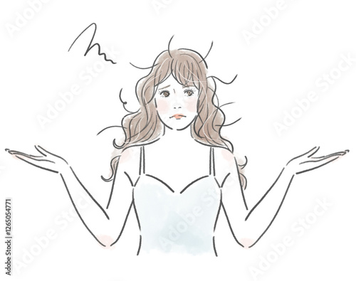 髪がぼさぼさで困った顔の綺麗な長髪の女性のイラスト
