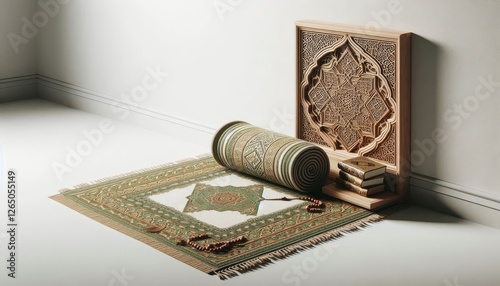 A small, elegant prayer mihrab set against a minimalist background photo