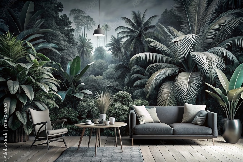 Fototapeta premium Monochrome Tropical Landscape Wall Mural - Night Photography Stock Photo