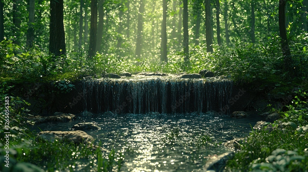 Obraz premium Sunlight filtering through trees illuminating a small waterfall scenery
