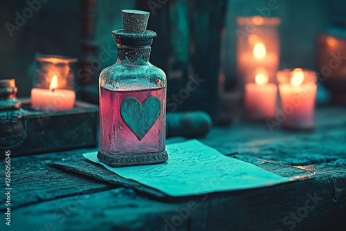 A love vial, or aphrodisiac flask, is designed with a pink magic heart elixir, also referred to as a love potion, for Valentine's Day