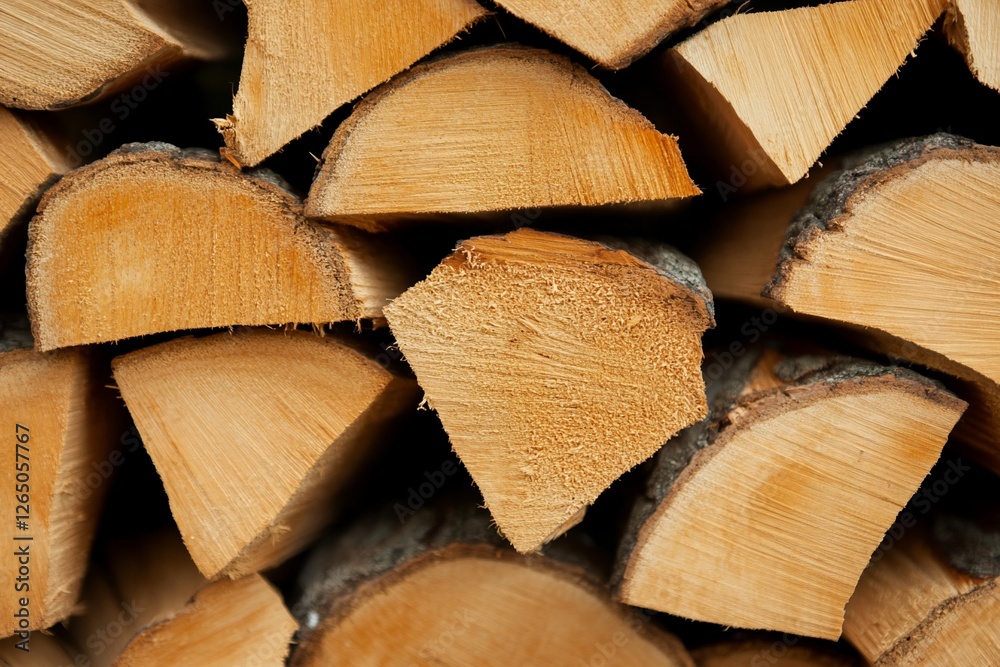 Stack of firewood drying outdoors, resource for energy, fuel for wood burning stove Stack of firewood drying outdoors, resource for energy, fuel for wood burning stove