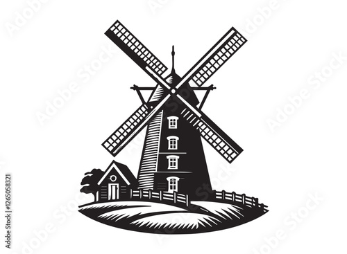 03Scenic Dutch Windmill in the Countryside – Historic White Wooden Architecture Against a Blue Sky, Symbolizing Traditional Agriculture and Renewable Energy in the Netherlands