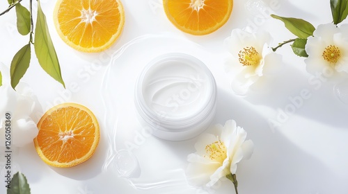 Skincare cream jar surrounded by fresh orange slices and delicate white flowers on a white background. photo