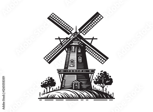 Scenic Dutch Windmill in the Countryside – Historic White Wooden Architecture Against a Blue Sky, Symbolizing Traditional Agriculture and Renewable Energy in the Netherlands