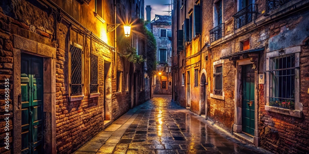 Fototapeta premium Mysterious Venetian Back Alley at Night - Low Light Photography