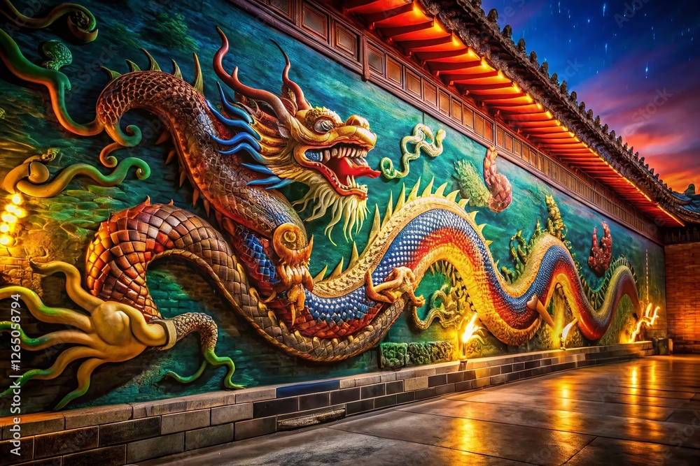 Obraz premium Mystical Chinese Dragon Mural, Long Exposure Night Photography, Ancient Asian Art