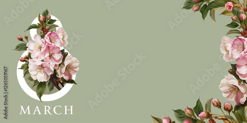 International Women's Day, March 8th greeting card. Vector illustration with blooming sakura.