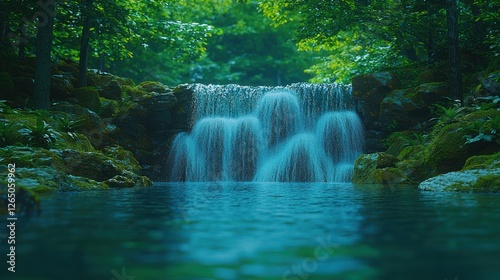 Enchanting forest cascade with lush foliage and tranquil waterscape scene