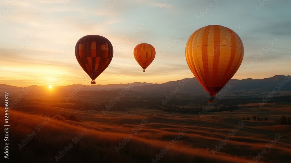 Obraz premium Three striking hot air balloons are silhouetted against a spectacular sunset skyline, creating a breathtaking visual that captures the essence of adventure and freedom in flight.