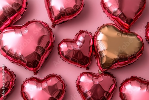 A collection of red and white heart-shaped balloons is floating in the air